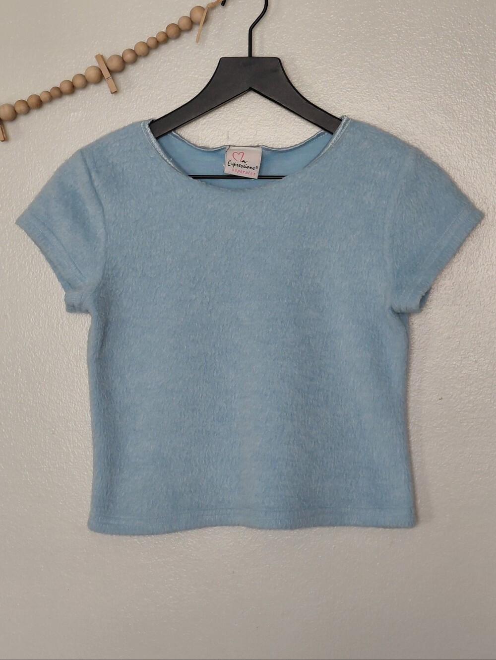 VTG Y2K Expressions Ice Blue Fuzzy Knit Stretch Baby Tee Crop Top Fits XS-M